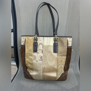 Coach Vintage Authentic Patchwork Tote Gold Brown Suede leather Y2K Siganture